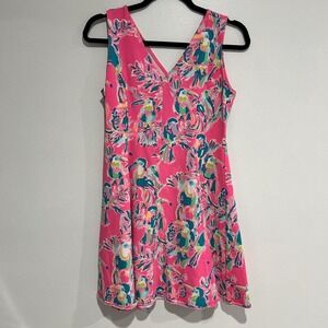 Lilly Pulitzer Dahlia Dress Small VNeck Sleeveless Fit Flare Dragonfruit‎ Toucan